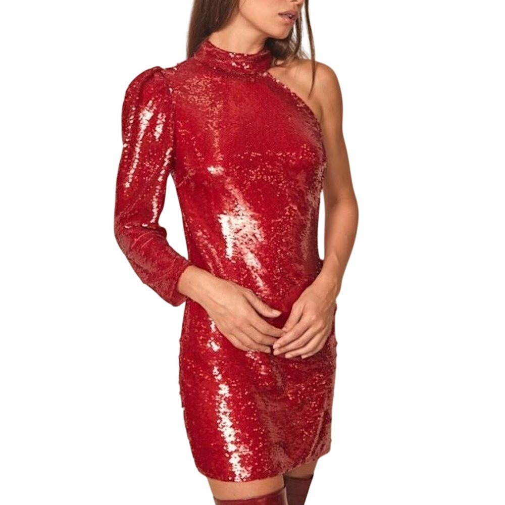 Red Sequin One Shoulder Mini Dress Puff Sleeve Mock Neck Party‎ Cocktail